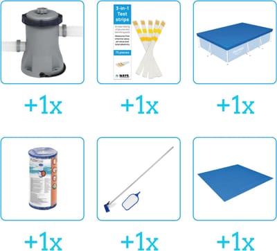 Accessoires voor Bestway Steel Pro Zwembad - 300x201x66 cm - Rechthoekig - Bestway - 56404 - Pomp - Testrips - Afdekzeil - Filter - Schoonmaakset - Grondzeil