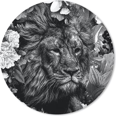 Muismat rond 20x20 cm - Mousepad Leeuw - Bloemen - Blad - Zwart - Wit - Ronde muismatten