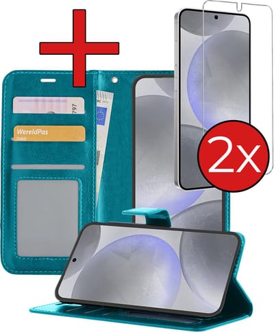 Hoesje - Met 2x Screenprotector - Geschikt voor Samsung Galaxy S24 - Luxe Pasjeshouder - Flip Case - Bookcase Portemonee - Kunstleer Book Case - Flipcase Hoes - Book Cover - Walletcase - Portemonneehoes - Telefoonhoes - Turquoise