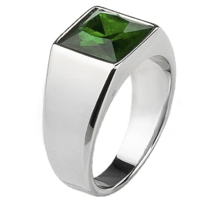 Zegelring Zilver Kleurig met Groene Steen - Staal - Heren - Papa Cadeau Voor Mannen - Vaderdag