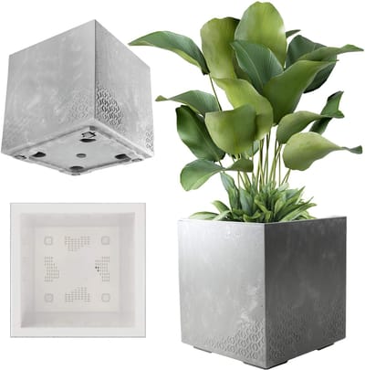 KADAX Plantenbak van kunststof, 39x39cm, 7 kleuren, vierkante bloempot, bloempot met wieltjes, plantenbak met afvoerkurk, betonlook, grijs