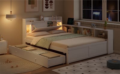 Paneelbett Met Opbergruimte - 140x200 cm - Met LED-Verlichting & Laadpoort - Wit - Stabiel Massief Hout - Met Zijopbergkasten & Lades