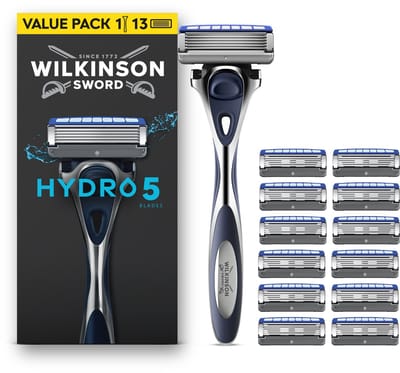 Wilkinson Sword Hydro 5 Scheersysteem voor mannen, voordeelverpakking, huidhydratatie, mesjes met carboncoating, 1 handvat + 13 navulmesjes