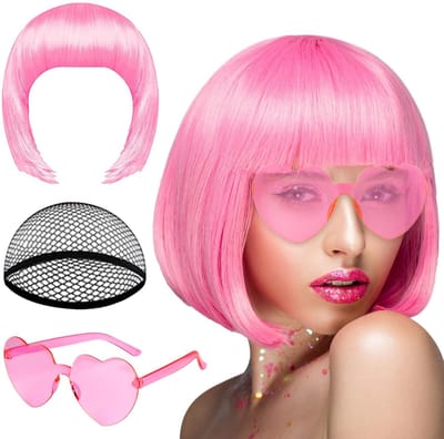 Dailygoods- Bob Pruik Korte Neon - Cosplay Pruik - Halloween Decoratie - Vrijgezellenfeest - Zonnebril - Verstelbare Netkap