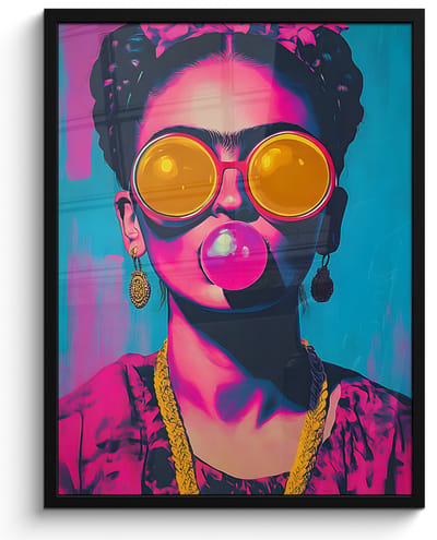 Poster in lijst - Fotolijst 50x70 cm - Posters - Vrouw - Kauwgom - Zonnebril - Oranje - Posterlijst zwart - Decoratie - Wanddecoratie woonkamer - Muurdecoratie slaapkamer