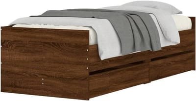 Bedframe met laden - Houten bedframe - Opbergen en slapen - Robuuste lattenbodem - 90 x 190 cm - Bruin eikenlook