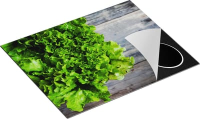 Chefcare Inductie Beschermer Groene Sla op een Houten Achtergrond - 65x50 cm - Afdekplaat Inductie - Kookplaat Beschermer - Inductie Mat