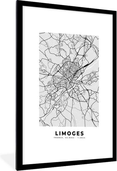 Fotolijst incl. Poster - Frankrijk - Limoges - Stadskaart - Plattegrond - Kaart - 60x90 cm - Posterlijst