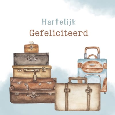 Wenskaart hartelijk gefeliciteerd vintage koffers – 13x13 cm – gevouwen kaart – inclusief witte envelop – stevig papier – felicitatiekaart