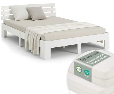 Homestyle4u Tweepersoonsbed - 160x200 cm - Bed met Matrassen en Lattenbodem - Wit