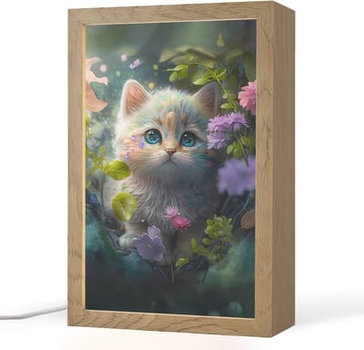 Nachtlampje 20x30 cm - Kinder lampje - Kitten - Bloemen - Bos - Illustratie - Poes - Tafellamp kinderkamer - Slaapkamer lamp - Bedlamp kinderen - Kinderlampje stopcontact - Wandlamp babykamer - Nachtlampjes