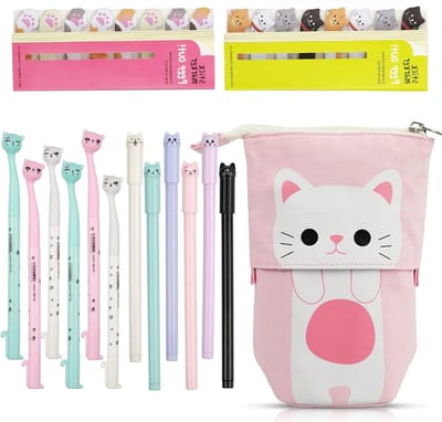 Schattige Katten Gelpennen Set met 12 Kawaii Ontwerpen, 0.5 mm, Zelfklevend, Perfect voor School en Kantoor