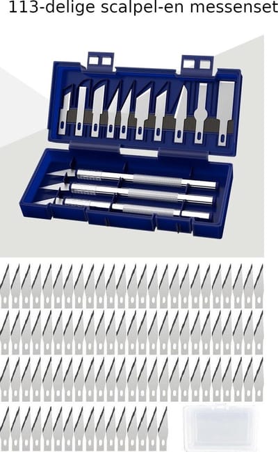 Precisie Messenset + Extra 100 mesjes - Hobby Mes - Scalpel Mes - Precisie Gereedschap - Precisie Knutsel messenset - 3 Houders + 13 mesjes + 100 mesjes in opbergdoos - Verschillende vormen - Hobbymes - Penmes - Chirurgisch mes - Knutselmes