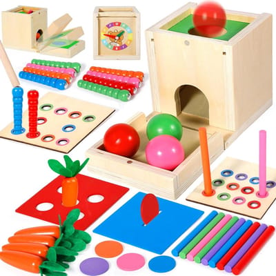 Montessori Speelgoed - Motoriek Spel - Kind Ontwikkeling - 6-in-1 Houten Kubus - 24.5 x 11 x 12 cm - Multicolor