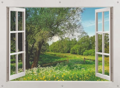 Bloemen poster - tuinposter - doorkijk - 95x130 cm - wit modern venster - weiland - hek - bloemen - tuindecoratie voor buiten - balkon decoratie