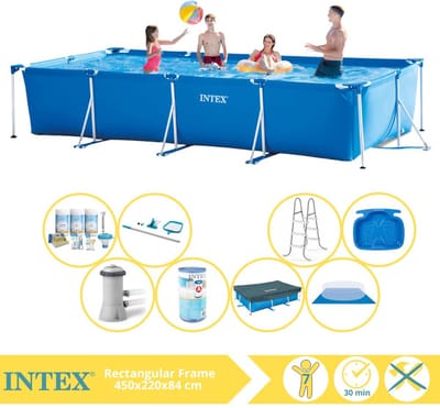 Intex Rechthoekig Frame Zwembad - 450 x 220 x 84 cm - Blauw - Inclusief Afdekzeil - Onderhoudspakket - Zwembadfilterpomp - Filter - Grondzeil - Schoonmaakset - Ladder - Voetenbad - 9-delig