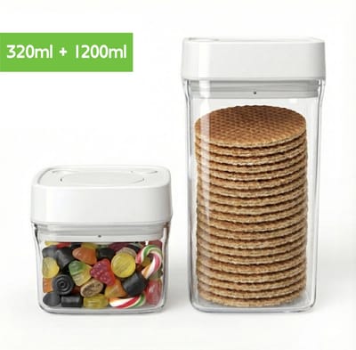 Koffie Voorraadpotten Set (2 Stuks) - 1200ml & 320ml - Vacuüm Koffiebus met Pompsysteem - Vershoudbakjes - BPA-vrij - Stapelbaar - Transparant - Voor 450g Koffiebonen