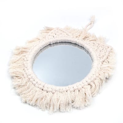Dailygoods- Muurspiegel Boho Fringe - Ronde Decoratieve Spiegel - Hangende Wanddecoratie - 25x16cm - Macramé Franje - Elegante Interieuraccessoire - Decoratiespiegel