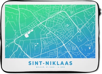 Laptophoes 14 inch - Stadskaart - Sint-Niklaas - België - Blauw - Laptop sleeve - Binnenmaat 33x23 cm - Zwarte achterkant