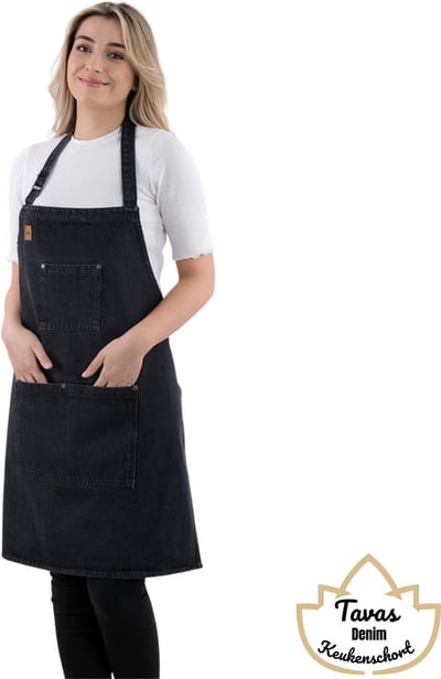 Sevilya Denim Keukenschort – Schort met 3 Zakken – Zwart - Gewassen Spijkerstof – 65x70 cm – Hoge Kwaliteit Kookschort voor Dames