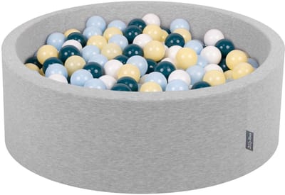 KiddyMoon ballenbad 90x30cm/200 ballen ∅ 7cm ballenbad met kleurrijke ballen voor baby's kinderen rond, lichtgrijs:donker turquoise/pastelblauw/pastelgeel/wit