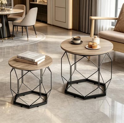 Bijzettafel Set Van 2 - Ronde Tafel Met Afneembaar Blad En Opbergruimte - Voor Woonkamer - Hout En Metaal - 50 En 40 Cm - Grijs
