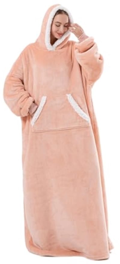 Oversized Draagbare Deken Hoodie voor Vrouwen, Kinderen en Heren - Gezellige Sherpa-gevoerde Sweatshirt Deken in Roze