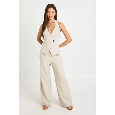 boohoo Dames Crêpe Jumpsuit Met Gouden Knoop En Overslag Voorpand | Steen | Maat: 36