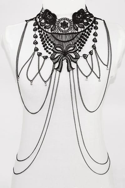 KIMU® Body Chain Zwart Kant Strik - Lichaamsketting Victoriaans Sexy Lace Buikketting Lichaam Ketting Harnas - Steampunk Collar Zwarte Choker Festival