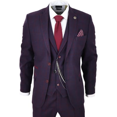 Heren 3-delige Tweed Pak Pruim Paars Ruit Peaky Blinders Klassiek 1920 Gatsby