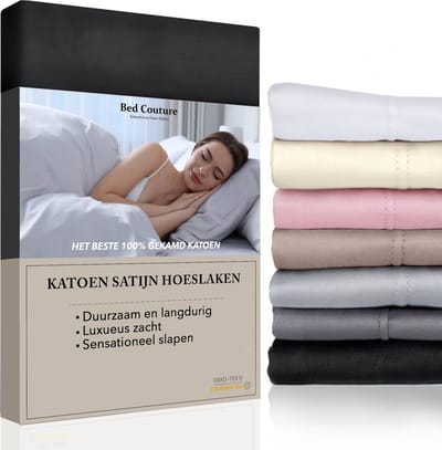 Bed Couture Satijnen  Hoeslaken 100%  Katoen Satijn - Zwart - 100x200cm - Hoekhoogte 32cm - Super Zacht - 5 Sterrenhotel Kwaliteit