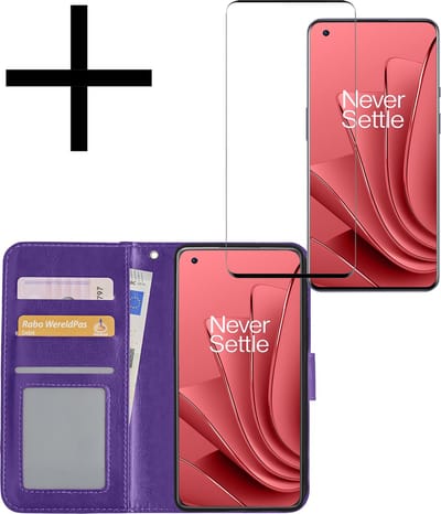 Hoesje - Met Screenprotector - Geschikt voor OnePlus 10 Pro - Luxe Pasjeshouder - Bookcase Portemonee - Flip Case - Kunstleer Book Case - Flipcase - Book Cover - Walletcase - Portemonneehoes - Paars