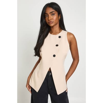boohoo Dames Hoog Wikkel Contrast Knopen Gilet | Steen | Maat: 36