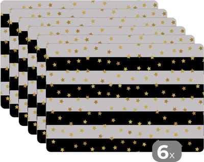 Placemat - Placemats kunststof - Sterren - Goud - Confetti - Patronen - 45x30 cm - 6 stuks - Hittebestendig - Anti-Slip - Onderlegger - Afneembaar