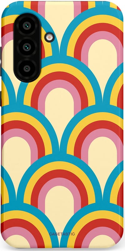 Casetastic hoesje geschikt voor Samsung Galaxy A36 / Samsung Galaxy A56 - Dubbellaagse bescherming - Retro regenboog - Fashion Case - Lichtblauw Crème Goud Rood