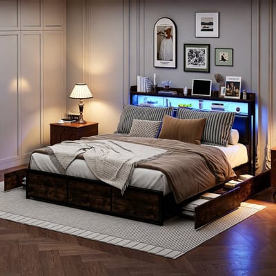 Gestoffeerd Bed 160x200 cm met LED-verlichting en Opbergruimte - Tweepersoonsbed met 4 Laden - Metalen bedframe met Lattenbodem - PU Zwart - Zonder Matras