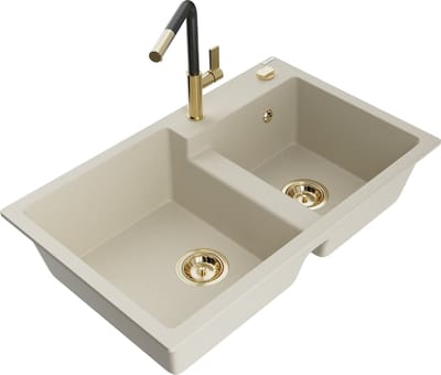 Mexen Tomas granieten gootsteen 2-komoren met keukenkraan Flora, beige - 6516-69-670401-57-G