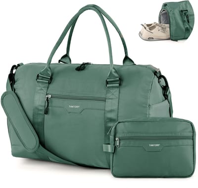 TANTOMI - Reistas - 44.5 x20 x28cm - waterdicht - met schoenenvak en nat vak - voor dames en heren - Handbagage tas - Inclusief Toilettas - Weekendtas - sporttas - voor reizen, sport, fitness - Donkergroen
