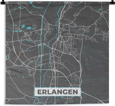 Wandkleed - Wanddoek - Duitsland – Blauw – Erlangen – Stadskaart – Kaart – Plattegrond - 180x180 cm - Wandtapijt
