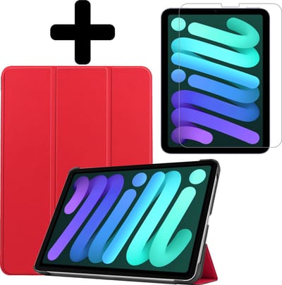 Hoes - Geschikt voor Apple iPad Mini 6 (2021) - 8.3 inch - 6e Generatie - Met Screenprotector - Trifold Bookcase - Hard Cover - Hardcover Book Case - Tablet Hoesje - Rood