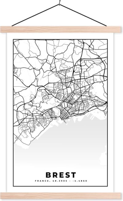 Posterhanger incl. Poster 40x60 cm - Schoolplaat - Stadskaart - Plattegrond - Kaart - Frankrijk - Brest - Zwart wit - Textielposter - Blanke latten - Stadskaart