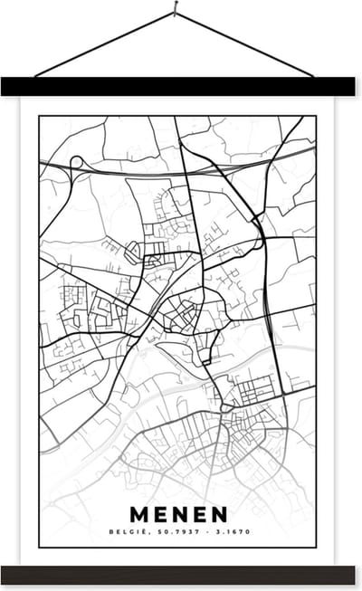 Posterhanger incl. Poster 40x60 cm - Schoolplaat - België – Menen – Stadskaart – Kaart – Zwart Wit – Plattegrond - Textielposter - Zwarte latten - Stadskaart