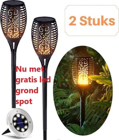 96 LEDs Fakkel prikstok - 2 Stuks - Solar tuinverlichting - Zonne-energie Led buitenlamp