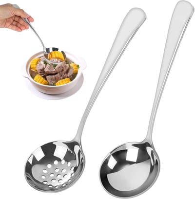2 stuks schuimspaan en soeplepel van roestvrij staal, 20 cm pollepel, gepolijst, sauslepel, sleuflepel voor koken van roestvrij staal, vaatwasmachinebestendig, scheplepel voor serveren, bouillon en