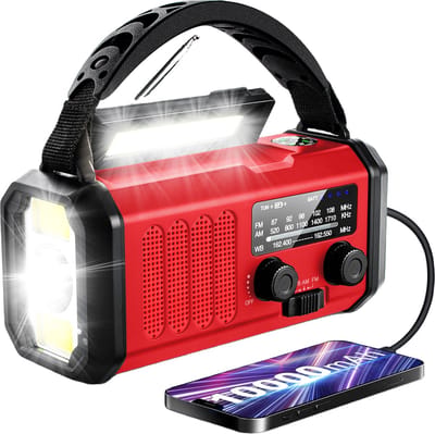 Noodradio Solar Opwindbaar 2025 met Powerbank 10.000 mAh, Zaklamp en SOS, Zonne energie en Handslinger, Geschikt voor Noodpakket en Survival, Rood