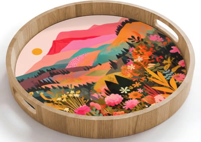 Dienblad rond 40x40 cm - Schootdienblad hout - Zonsondergang - Bergvallei - Contrast - Borrelplank rechthoek - Plateau houten dienbladen