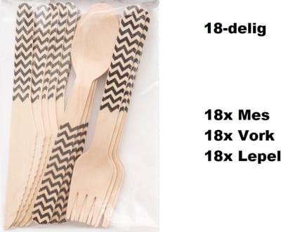 3x Bestekset wave hout 18-delig zwart (54 stuks) - Feest festival thema party food diner