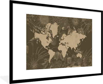 Poster in lijst - Fotolijst 120x80 cm - Posters - Wereldkaart - Bloemen - Bruin - Posterlijst zwart - Decoratie - Wanddecoratie woonkamer - Muurdecoratie slaapkamer