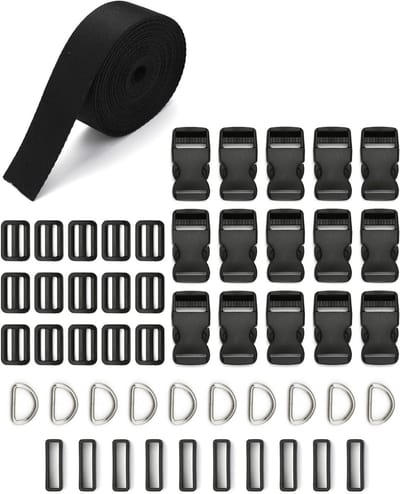 5M x 25mm Nylon Strap met 15 Clip Clasps, 15 Slide Buckles, 10 Vierkante Ringen en 10 D-Ringen voor Handgemaakte Tassen, Rugzakken en Bagage (51 Stukken)