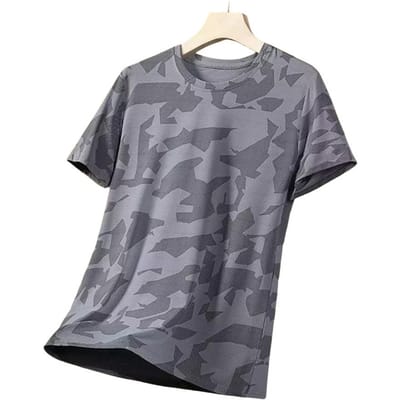 Zomer Mannen T-shirt Ronde Hals Korte Mouwen Dun Sneldrogend Relaxte Pasvorm Camouflageprint Pullover Middellang Dagelijkse Kleding Dai Praktisch Gebruik M grijs